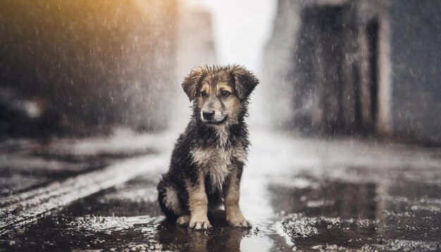 a puppy in the rain with the sun behind him