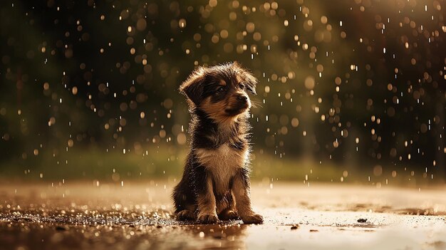 a puppy in the rain