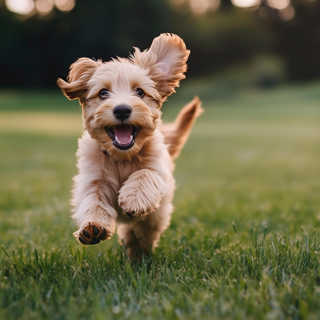 a puppy running in the grass with its mouth open