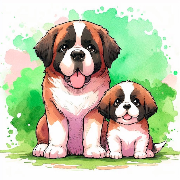 Puppy of Saint Bernard and Shih Tzu on green watercolor background