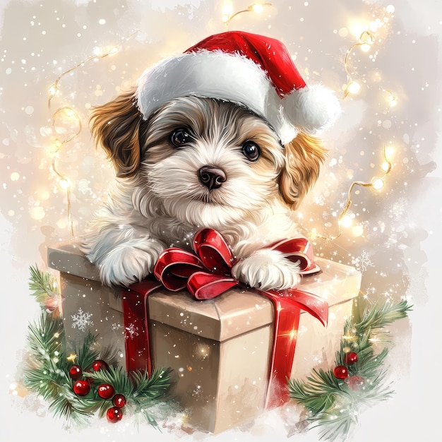 a puppy in a santa hat sits in a gift box