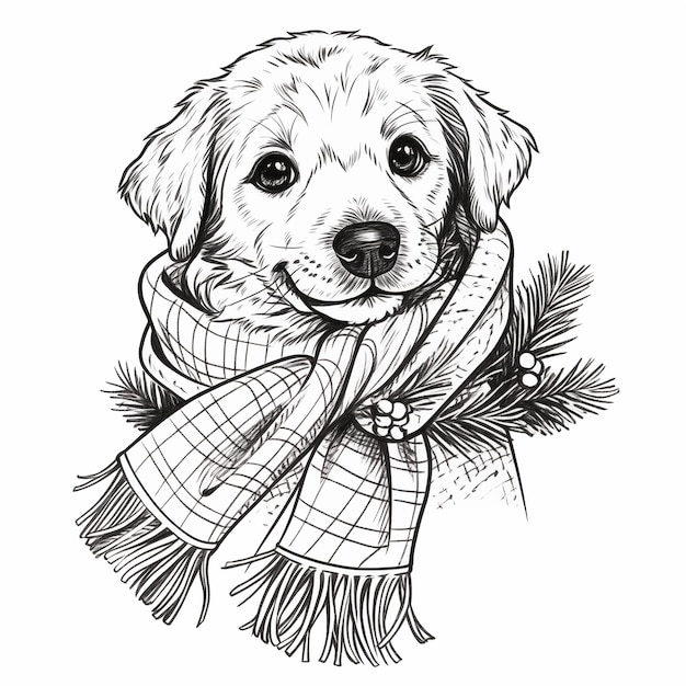 Puppy in a Scarf and Pine Branch