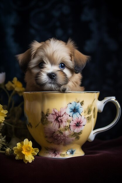 A puppy sits in a cup with flowers on it.