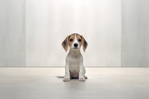 A puppy sits in front of a white wall.