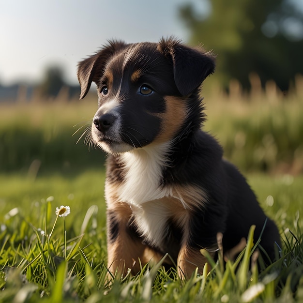 a puppy sits in the grass in the sun