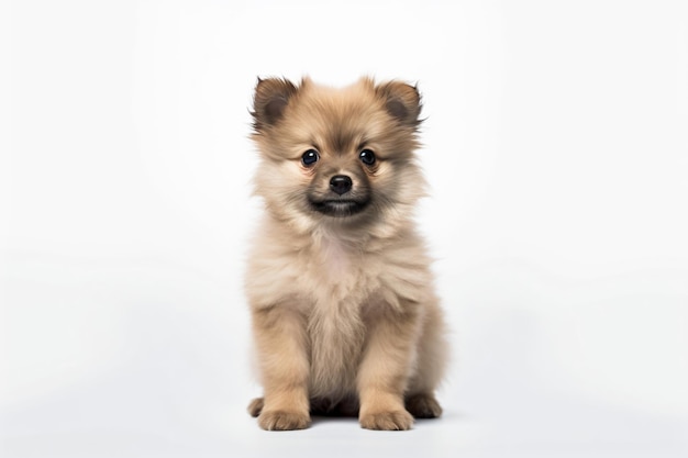 A puppy sits on a white background