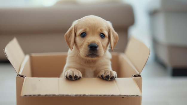 Puppy sitting on a cardboard throne looking majestic and cute