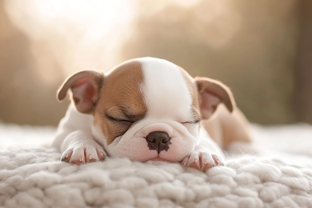 a puppy sleeping on a blanket with his eyes closed