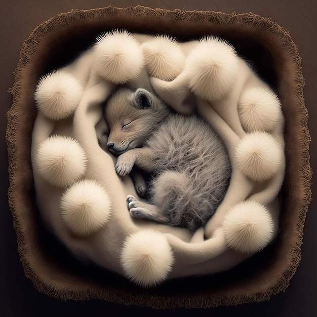 A puppy sleeping in a fur hat with the word wolf on it.