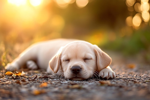 a puppy sleeping on the ground with his eyes closed