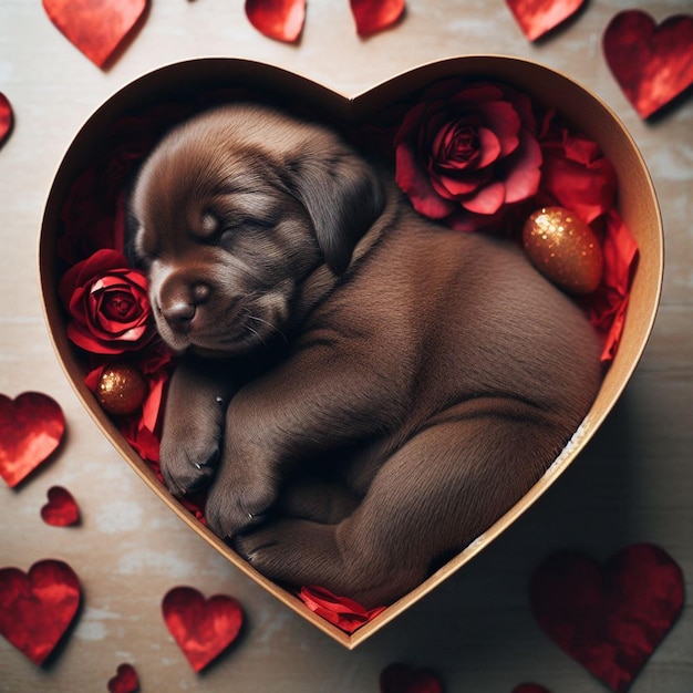 a puppy sleeping in a heart shaped box