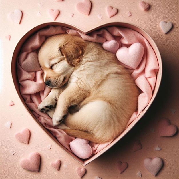 a puppy sleeping in a heart shaped box