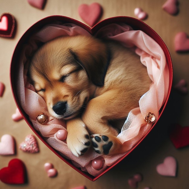 a puppy sleeping in a heart shaped box