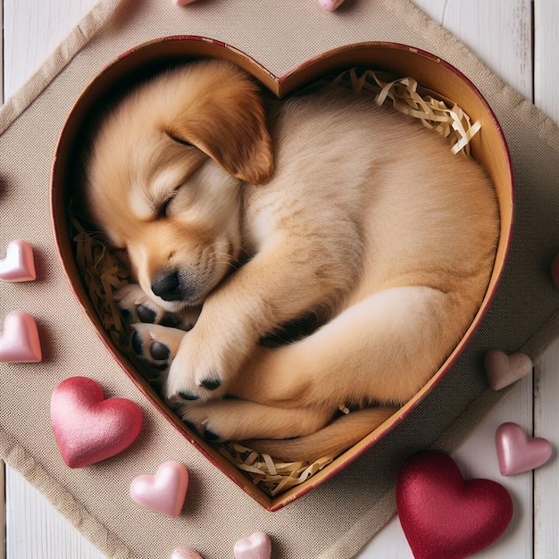 a puppy sleeping in a heart shaped box