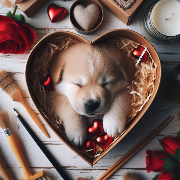 a puppy sleeping in a heart shaped box