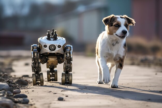 A puppy and a small robot on wheels move together along the road during the daytime Horizontal photo