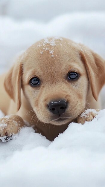 Photo a puppy in the snow with a snowball on his face