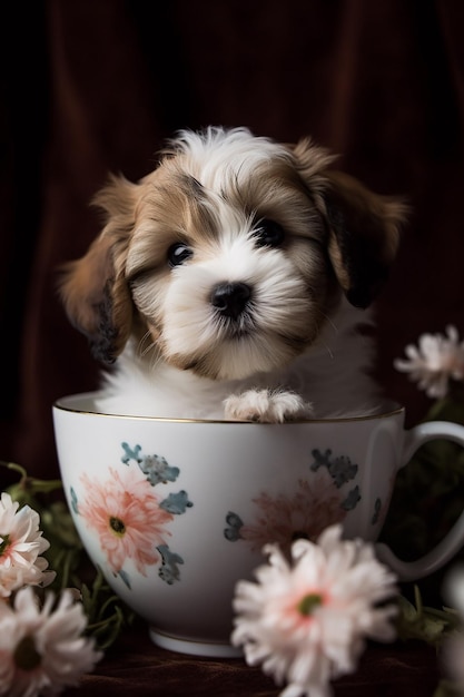 A puppy in a teacup with flowers on it