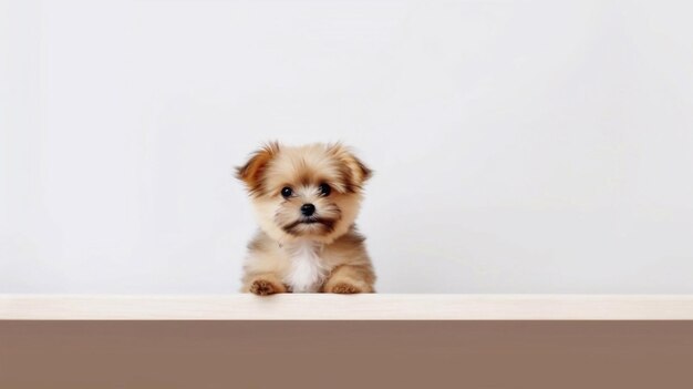 A puppy that is sitting down with its head up