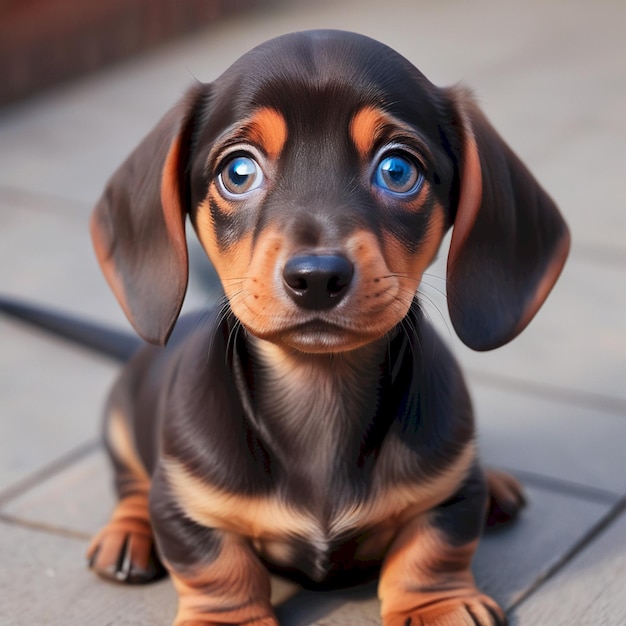 a puppy that is sitting on a wooden floor