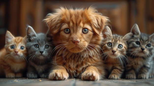 a puppy and two kittens are looking at the camera