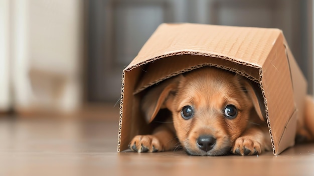 Puppy wearing a cardboard hat looking silly and proud