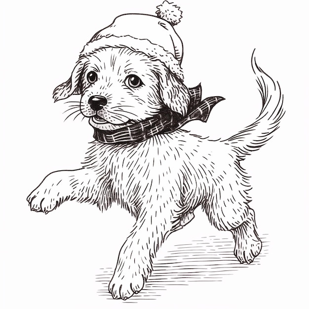 Puppy Wearing a Hat and Scarf