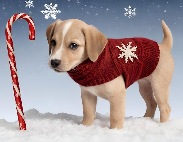 Photo a puppy wearing a red scarf stands beside a candy cane in a snowy landscape during wintertime