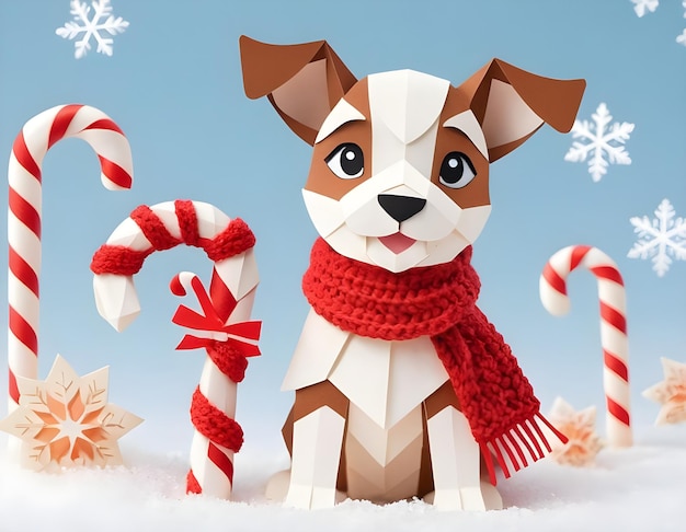 Photo a puppy wearing a red scarf stands beside a candy cane in a snowy landscape during wintertime