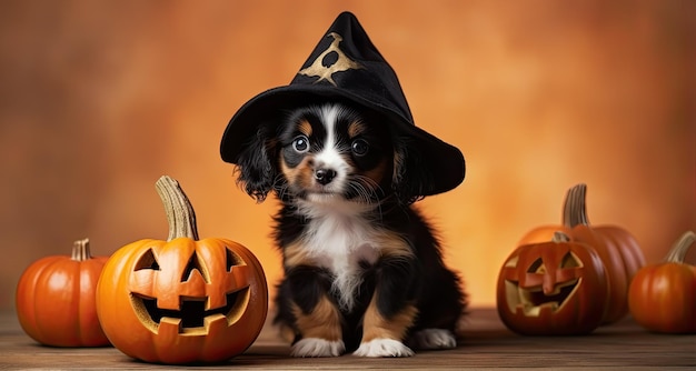 A puppy in a witch hat sits next to pumpkins.