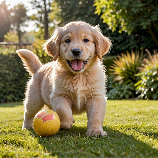 a puppy with a ball in his mouth and the ball in the grass