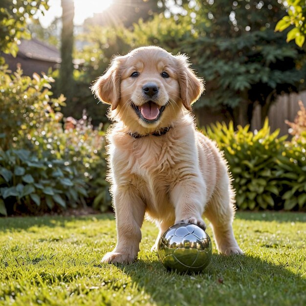 a puppy with a ball in his mouth is playing with a ball