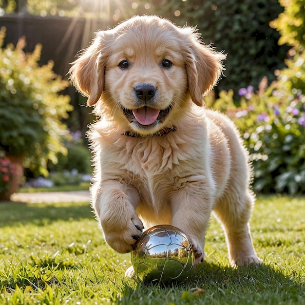 a puppy with a ball in his mouth is playing with a ball