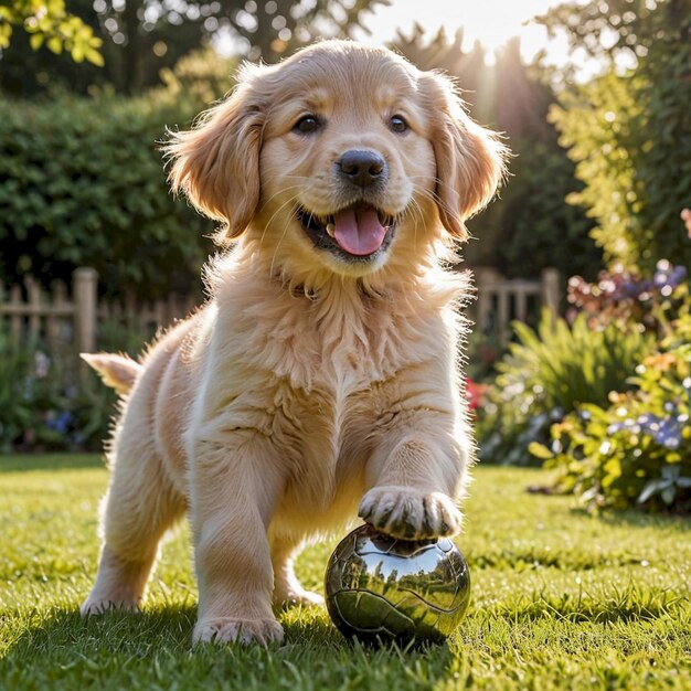 a puppy with a ball in his mouth is playing with it