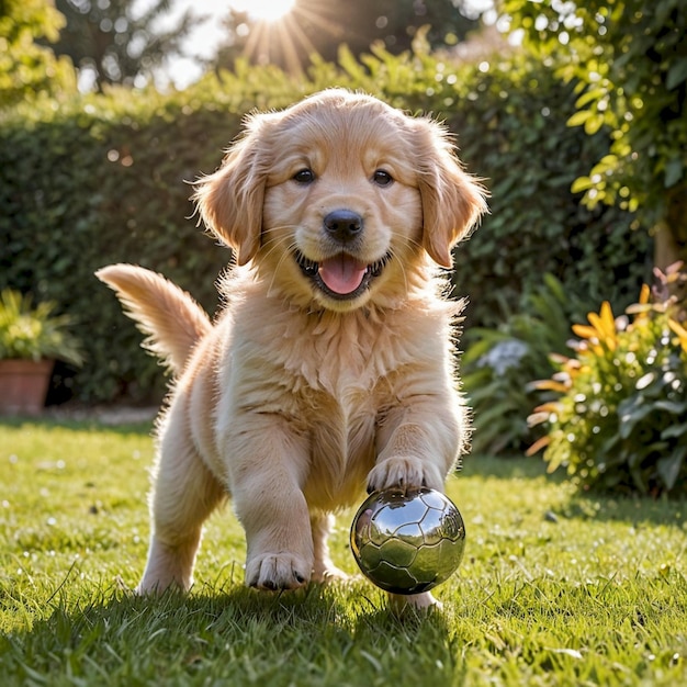 a puppy with a ball in his mouth is playing with it