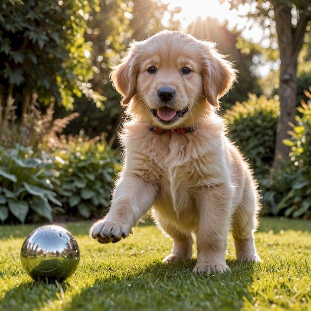 Photo a puppy with a ball in his mouth is standing in the grass