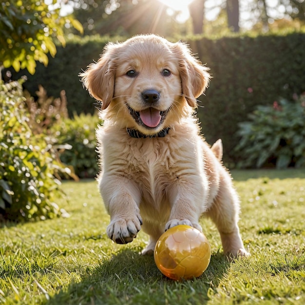 a puppy with a ball in his mouth running in the grass