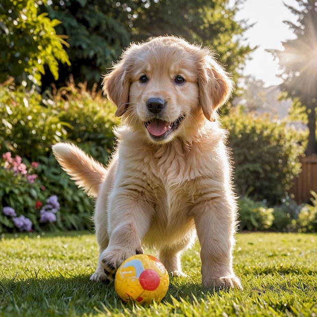 a puppy with a ball in his mouth and the sun behind him