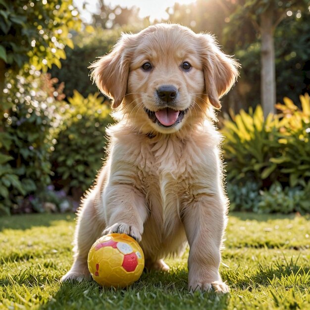 a puppy with a ball in his mouth and the sun behind him