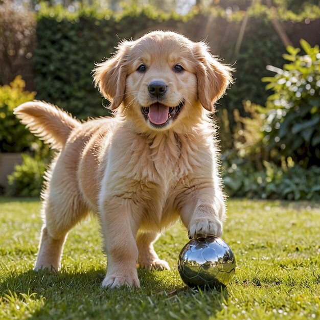 a puppy with a ball in his mouth and the word  happy  on it