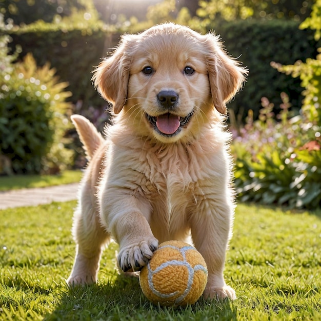 a puppy with a ball in his mouth and the word puppy on it