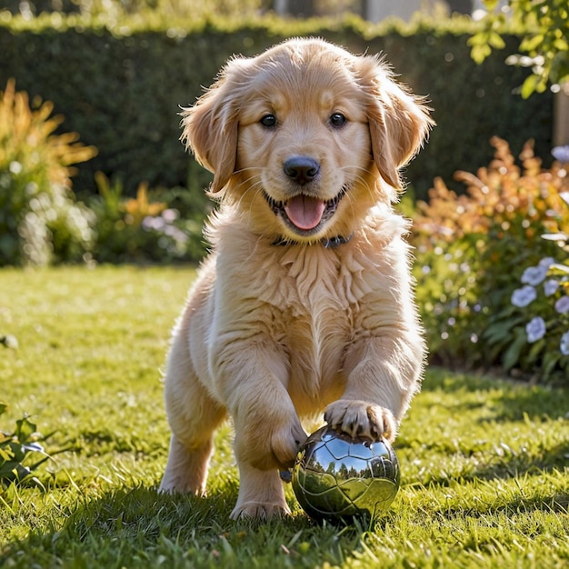 a puppy with a ball in its mouth is playing with a ball