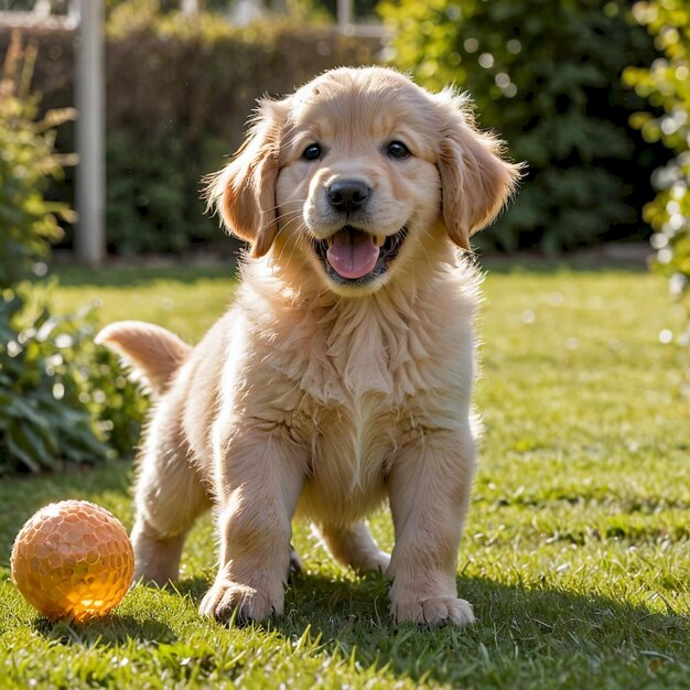 a puppy with a ball and the word  happy  on it