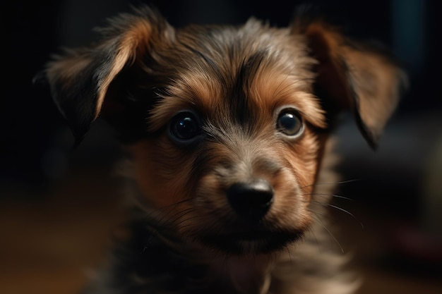 A puppy with a black background and a black background