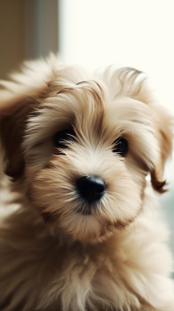 A puppy with a black nose and a white face.