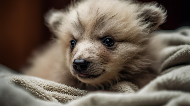 A puppy with a black nose and a white nose is laying on a blanket.