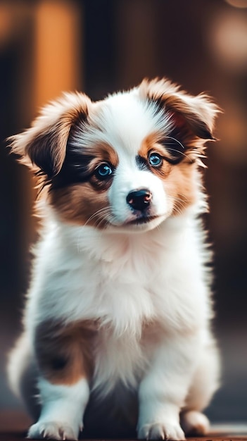 A puppy with a blue nose sits on a table.