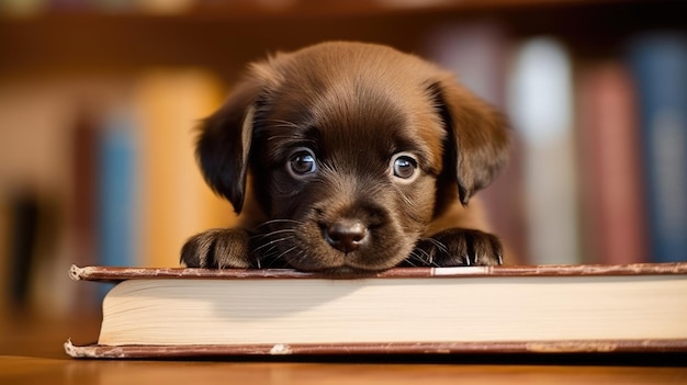 Puppy with a book on the front