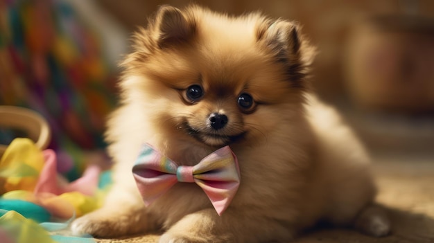 A puppy with a bow tie on