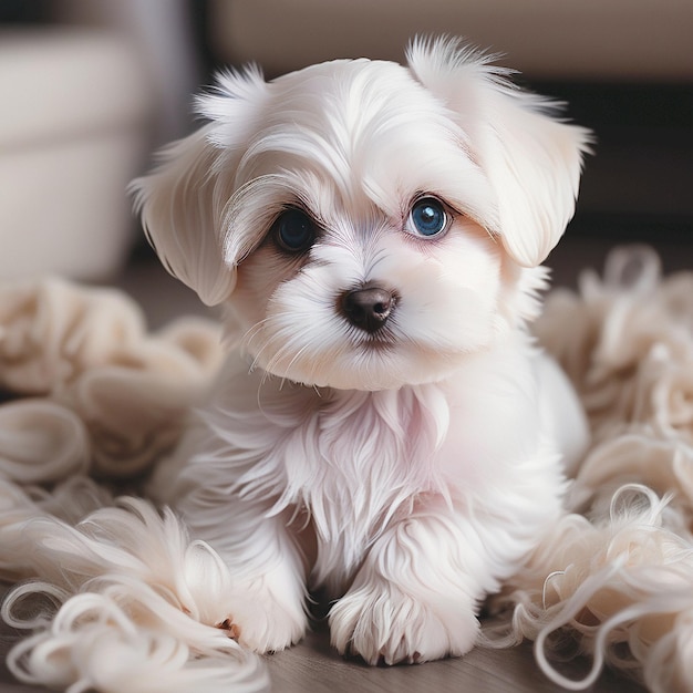 Photo a puppy with a brown nose sits on a rug